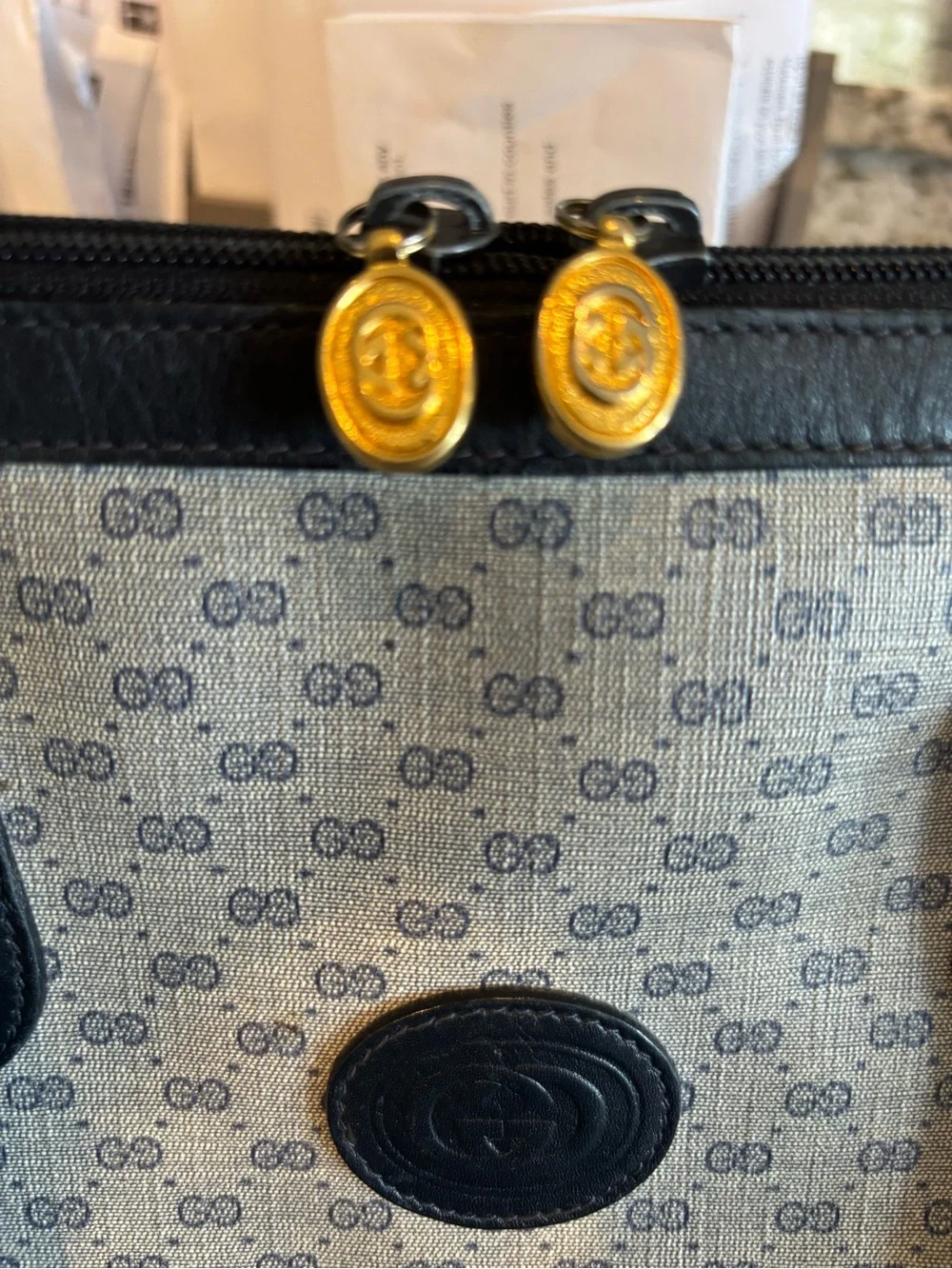 Authentic VintageGucci Gray Monogram Top-Handle Satchel with Navy Leather Trim.